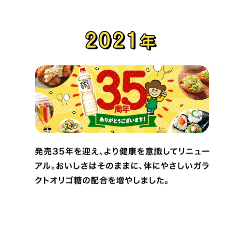 2021年　発売35年を迎え、より健康を意識してリニューアル。おいしさはそのままに、体にやさしいガラクトオリゴ糖の配合を増やしました。